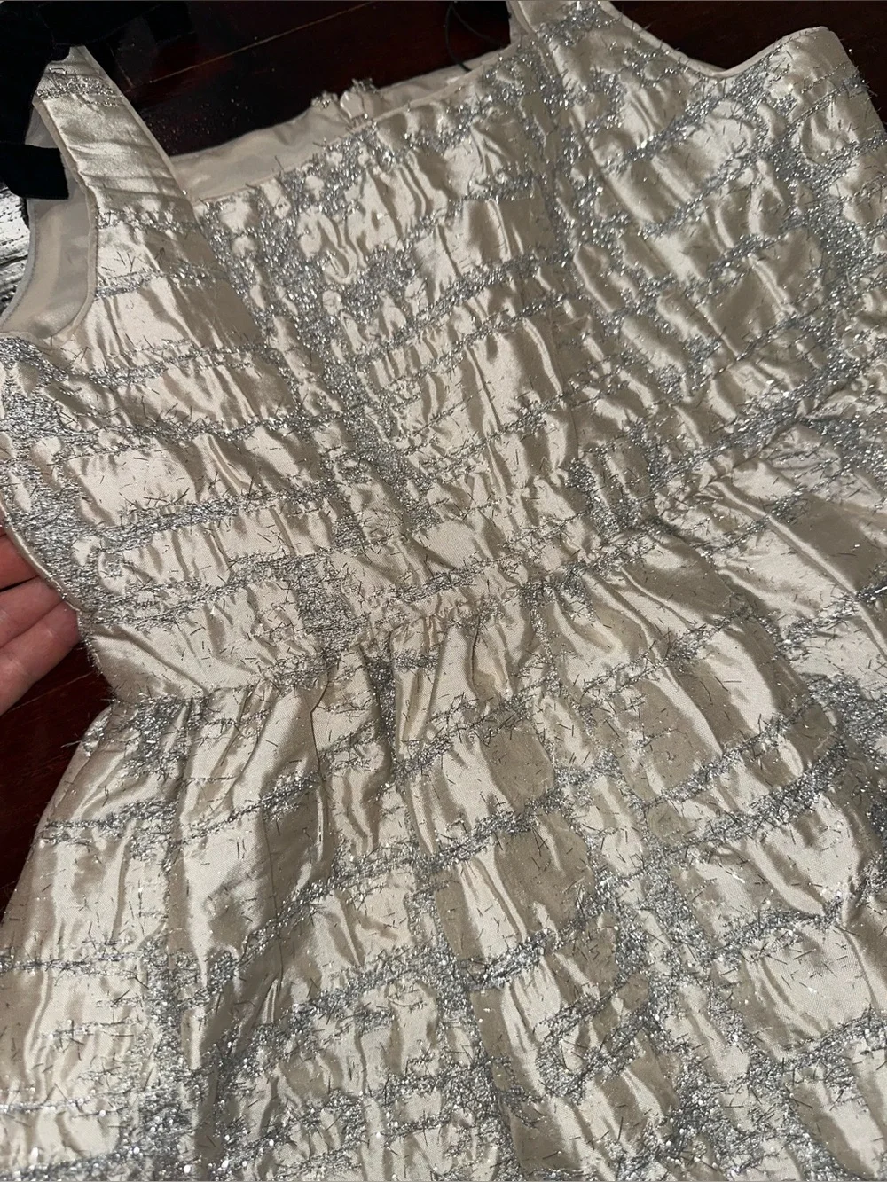 A Loves A Cream Metallic Lace-Trim Party Dress with Black Bows
